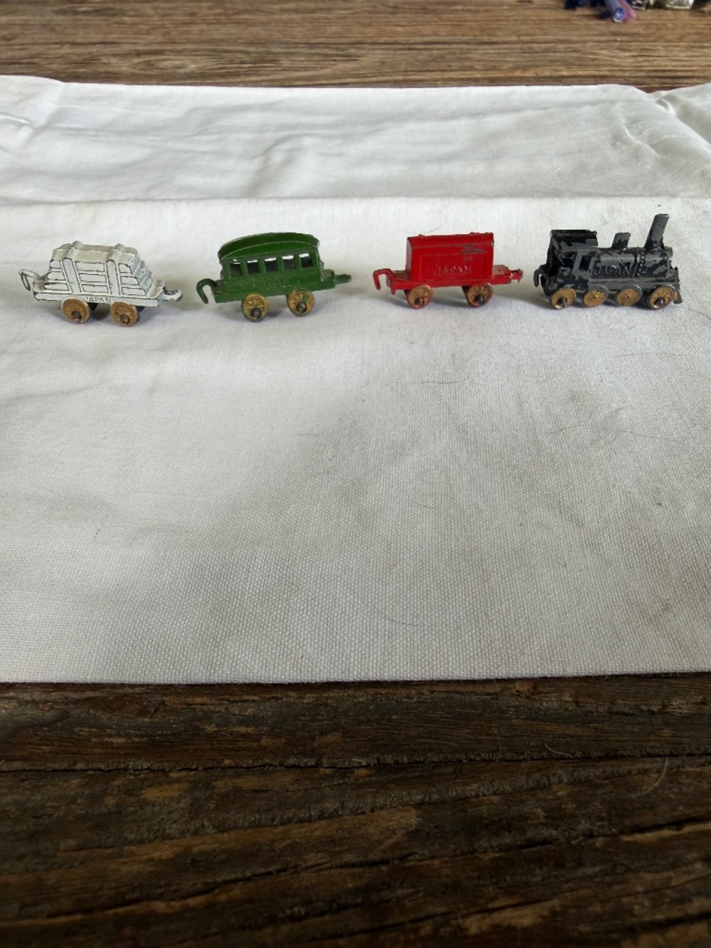 Vintage Antique Lot of (4) Trains Set--Japan-Cast Metal Miniature for Dollhouse